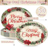 50Pcs Christmas Oval Plates Cardinal Bird Large Tableware Xmas Red Cardinal Merry Christmas Holly Berry 10'' X 12'' Disposable Dinnerware Dessert Plate For Poinsettia Party Winter Holiday Supplies