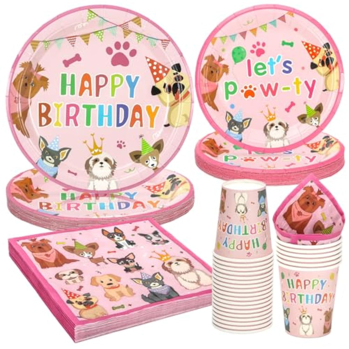 96 Pcs Party Plates And Cups And Napkins Sets,Pink Dog Theme Happy Birthday Paper Plates And Napkins Party Supplies For Birthday, Disposable Tableware Sets Serve For 24 Guests, Puppy