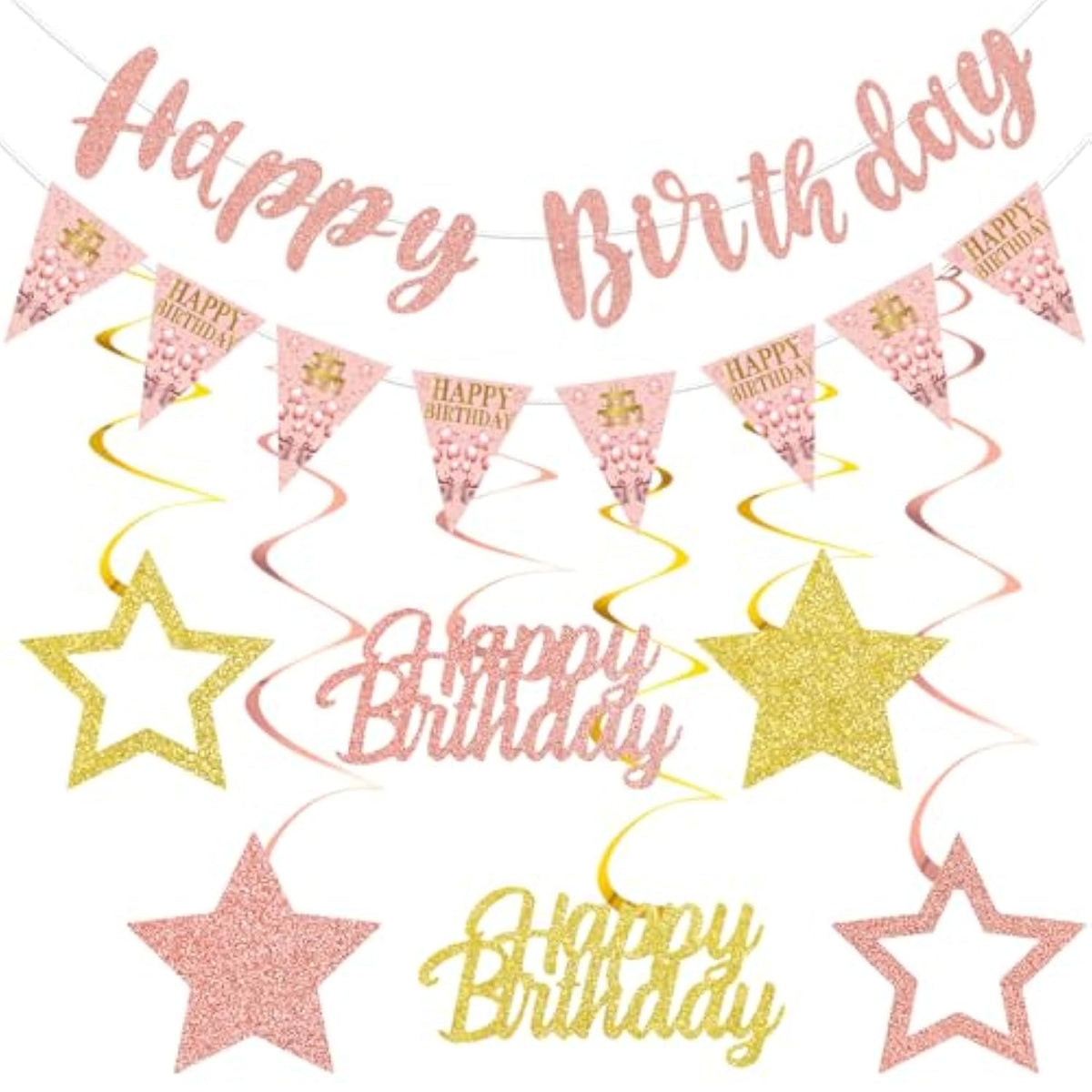 Pink Rose Gold Birthday Decorations For Girls Women, Happy Birthday Banner Stars Hanging Swirls Happy Bday Decoration Party Supplies Sign