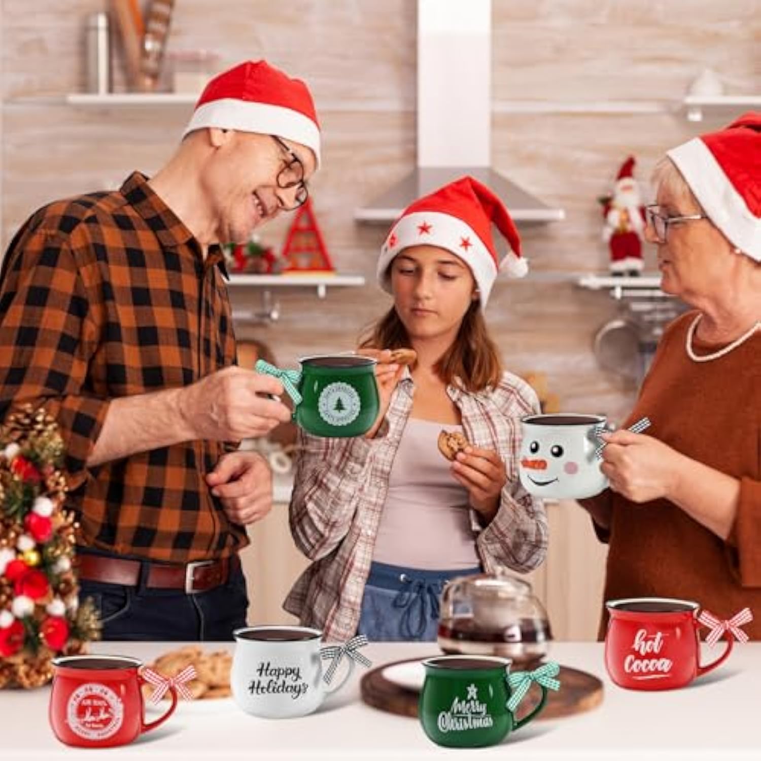 Christmas Coffee Mugs Set Of 6, 12 Oz Ceramic Mug Gift Holiday Hot Cocoa For Family Mom Woman Friend Farmhouse(Snowman Style)