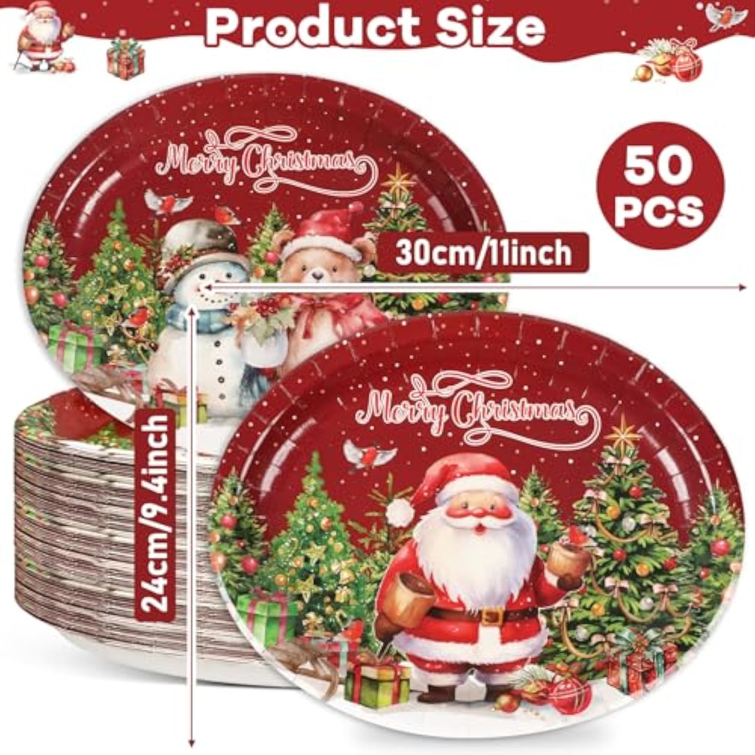 50 Pcs Christmas Vintage Oval Paper Plates 11Inch Holiday Retro Winter Santa Snowman Christmas Tree Table Platter Disposable Dish Tray For Candy Cookie Xmas Eve Birthday Party Dinner Supplies