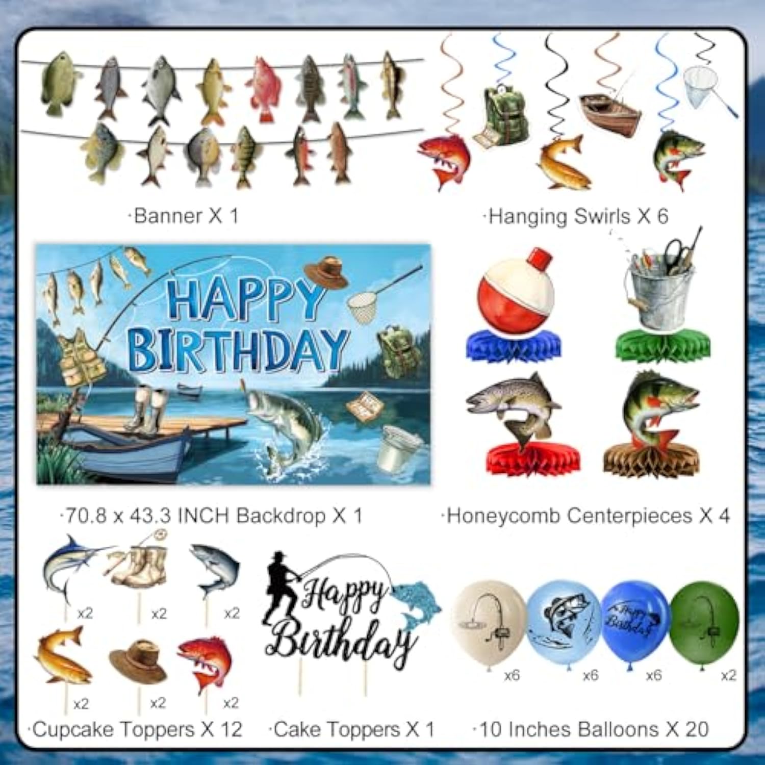 Fishing Birthday Party Decorations Includes Backdrop, Banner, Hanging Swirls, Balloons, Cake & Cupcake Toppers, Honeycomb Centerpieces For Ofishally One Birthday Decorations
