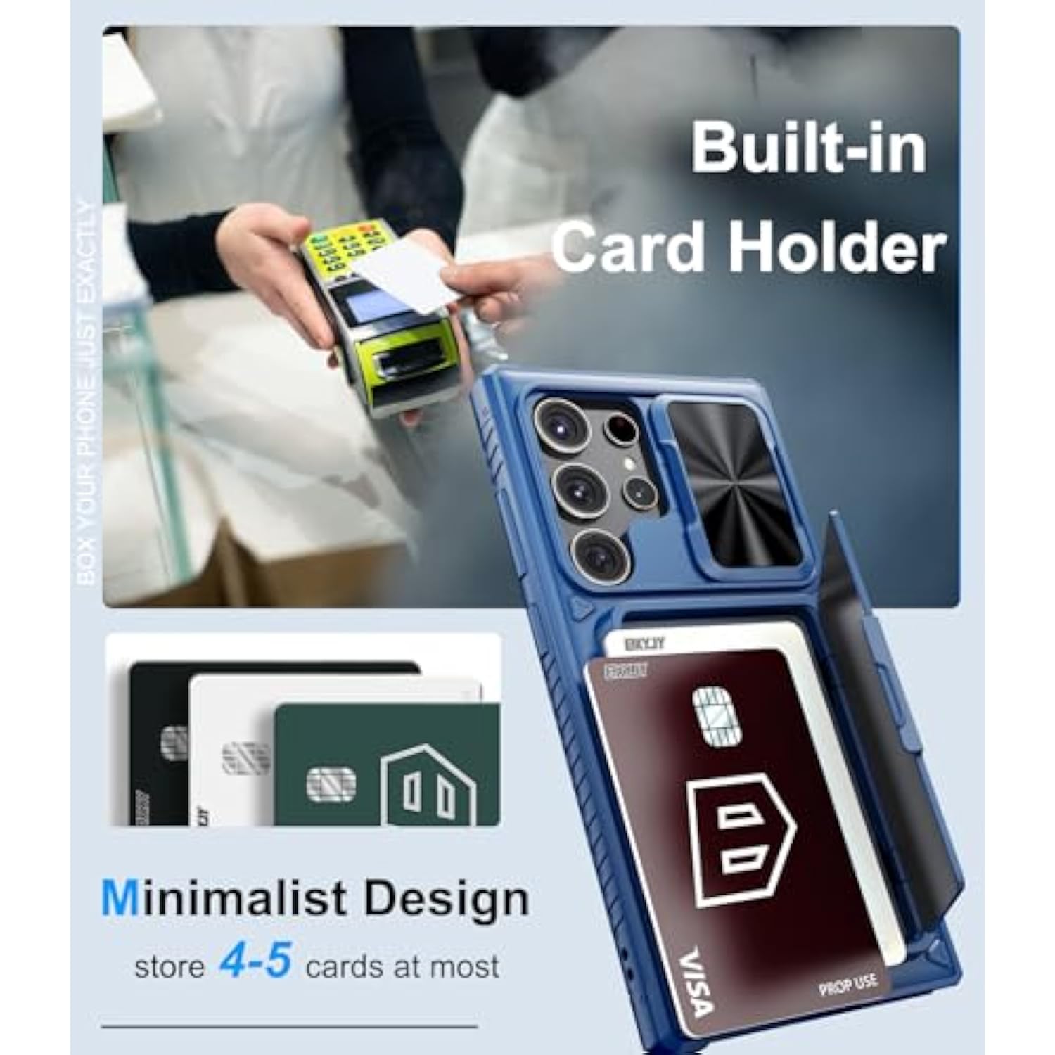 For Samsung Galaxy S24 Ultra Wallet Case, Built-In Card Holder (Store 4-5 Cards) & Kickstand & Slide Camera Cover, Military Grade Protection, Rugged Silicone Case For Galaxy S24 Ultra 2024, Blue