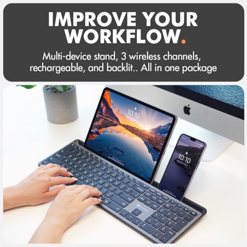 X9 Wireless Keyboard With Phone Holder - Full Size Bluetooth Keyboard With Number Pad, Backlit Wireless Keyboard, Multi-Device For Ipad, Tablet, Pc, Mac, Iphone, Android - Gray