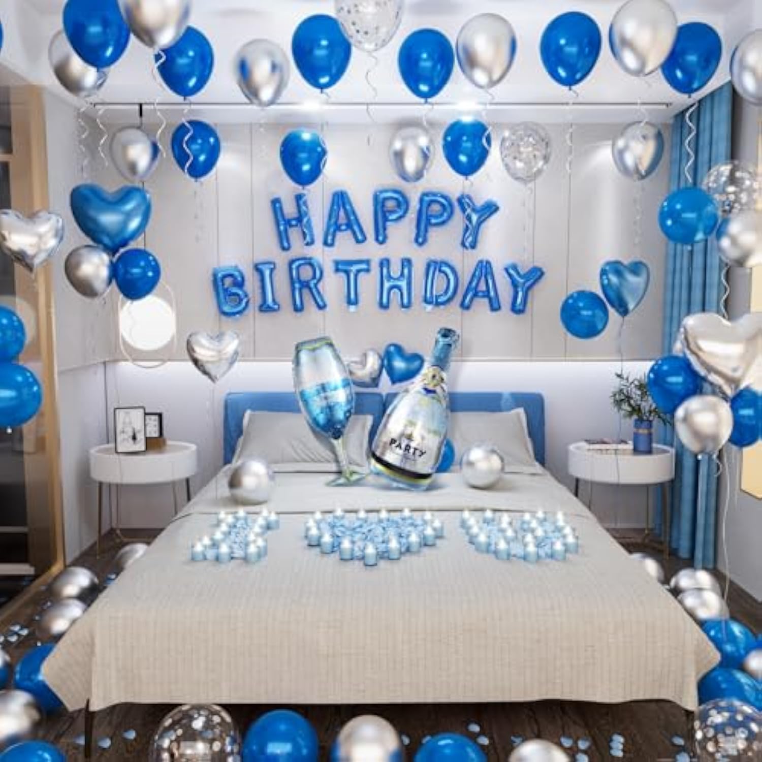 Blue Happy Birthday Decorations Men Blue Silver Letter Balloons with Champagne Set