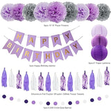 72PCS Purple Birthday Decorations Lavender Silver Balloons Banner Lanterns Swirls for Party