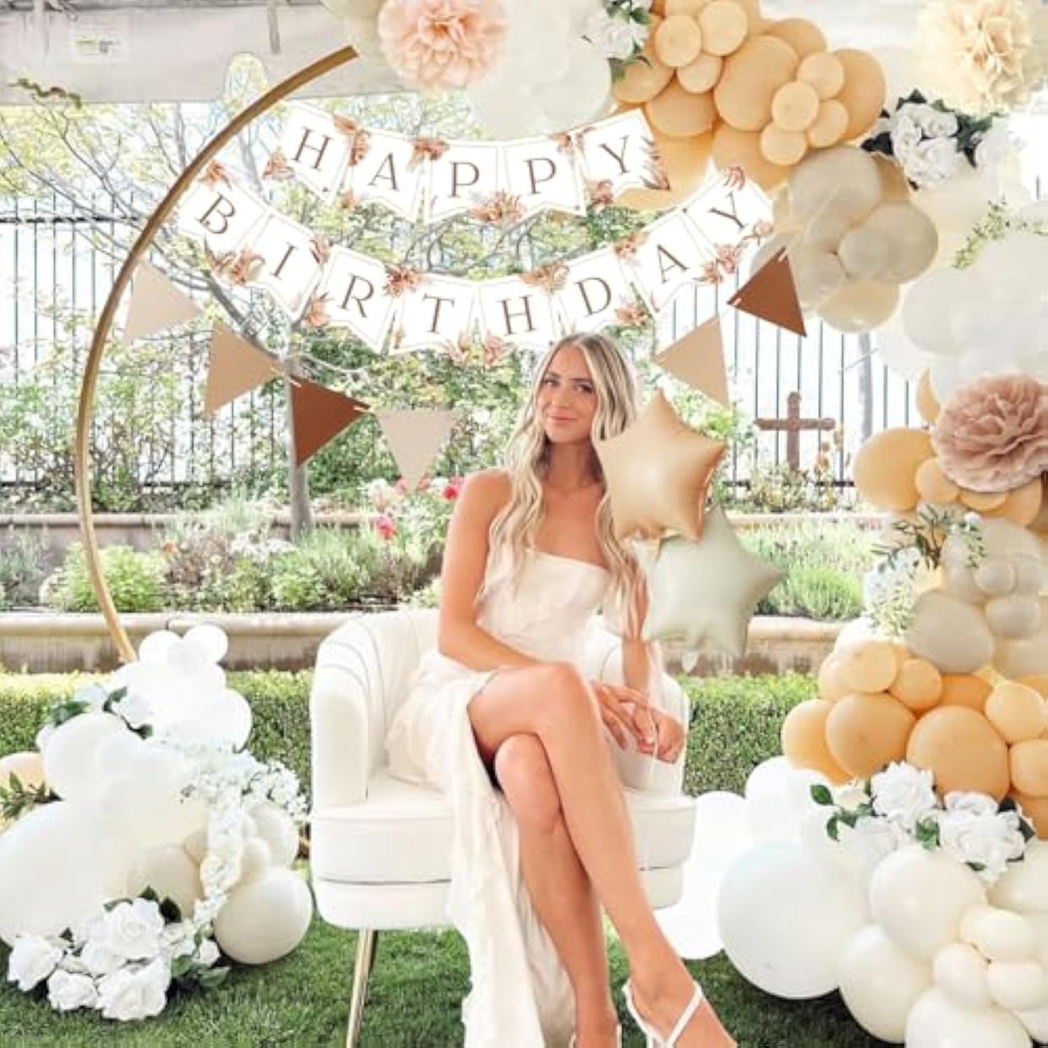 Birthday Decorations for Women - Beige & Cream Balloons, Boho Party Banner