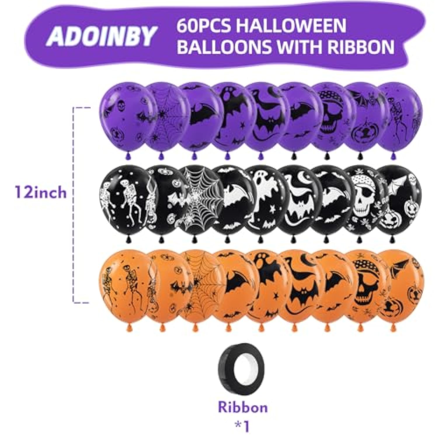 60Pc Halloween Balloons – 12" Black Orange Purple with Pumpkin, Ghost & Bat