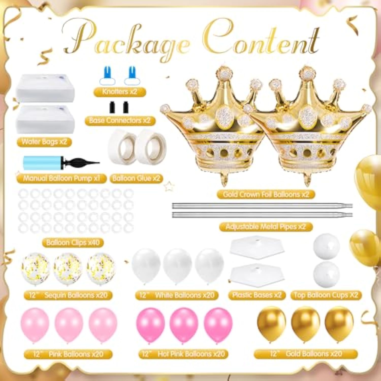 2 Princess Balloon Column Kits with Crowns & 100 Balloons for Baby Shower or Birthday Party
