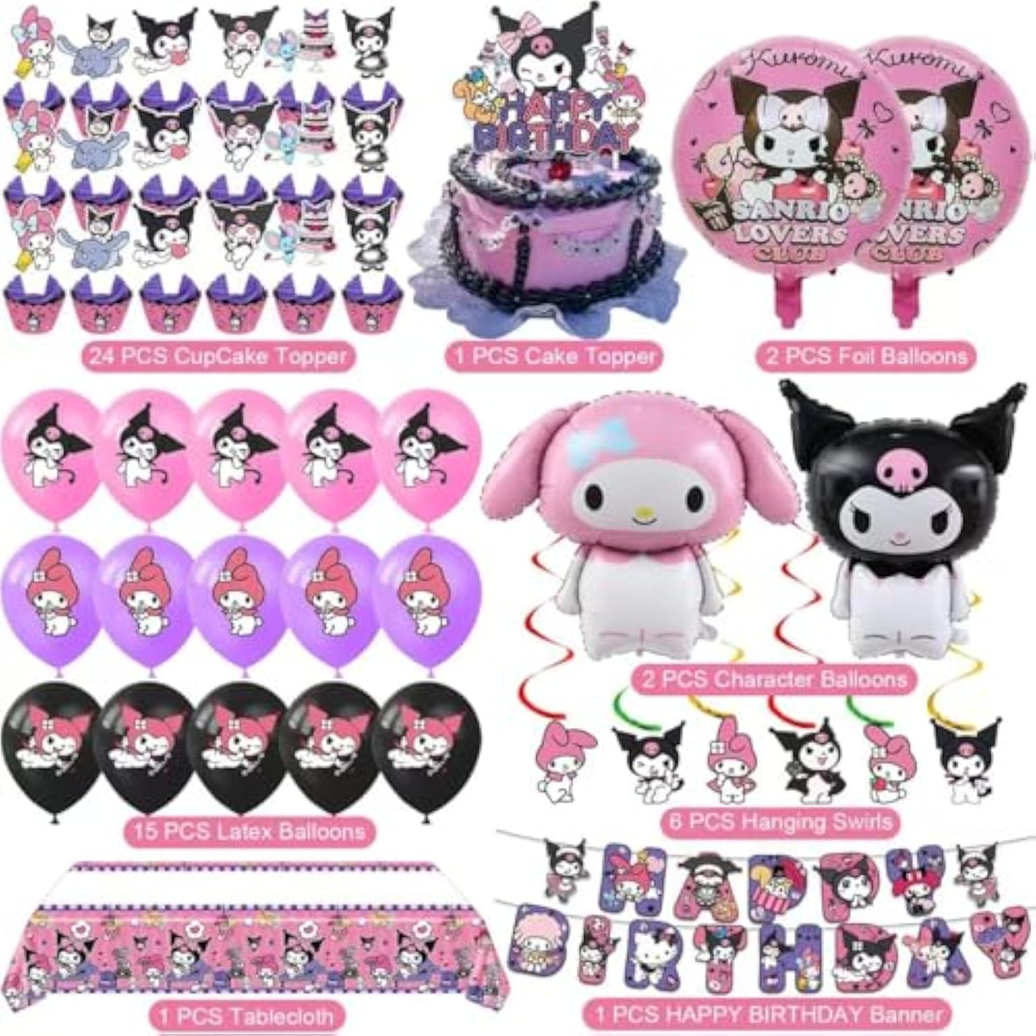 52Pcs-Kuromi Birthday Party Supplies, Party Decorations Set Include Banner, Balloons, Hanging Swirls, Cake Cupcake Toppers, Tablecloth For Girls Kuromi Theme Party