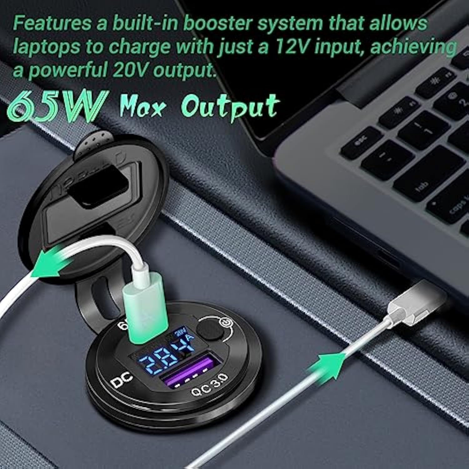 83W 12 Volt Usb Outlet Built-In Boost Usb C Laptop Car Charger: 65W Pd3.0 And 18W Qc3.0 Car Usb Port Aluminum Socket With Button Switch Smart Voltmeter, Suitable For Car Rv Marine Golf Cart
