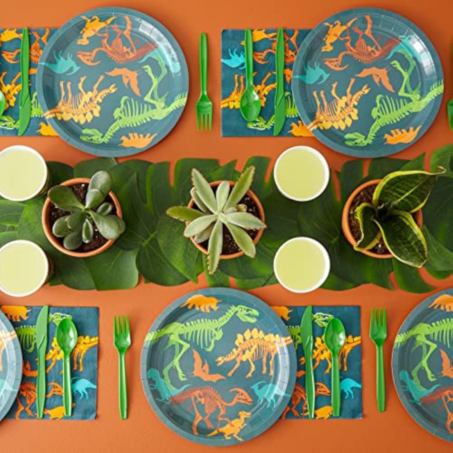 144-Piece Dinosaur Birthday Party Decorations Set With Plates, Cups, Napkins & Cutlery - Serves 24 - Green & Blue Dino Fossil Paper Plates & Cups - Disposable & Easy Cleanup