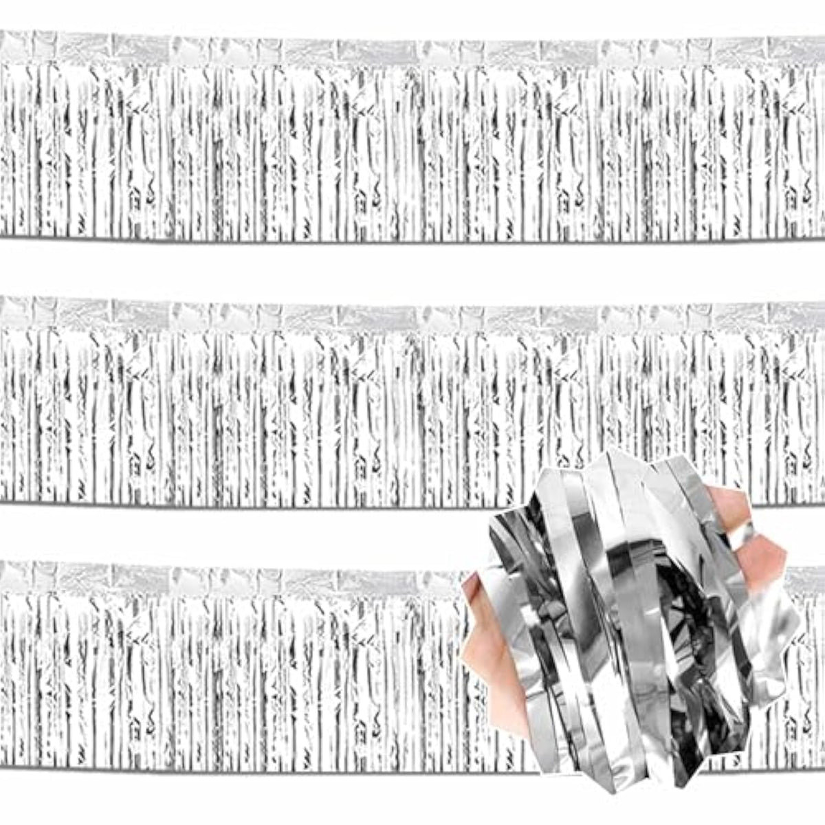 3 Pack 10 Ft Silver Foil Fringe Garland Metallic Streamers Tinsel Banner Wall Hanging Garland Backdrop For Parade Floats, Halloween, Christmas, Thanksgiving, New Year Party Decorations