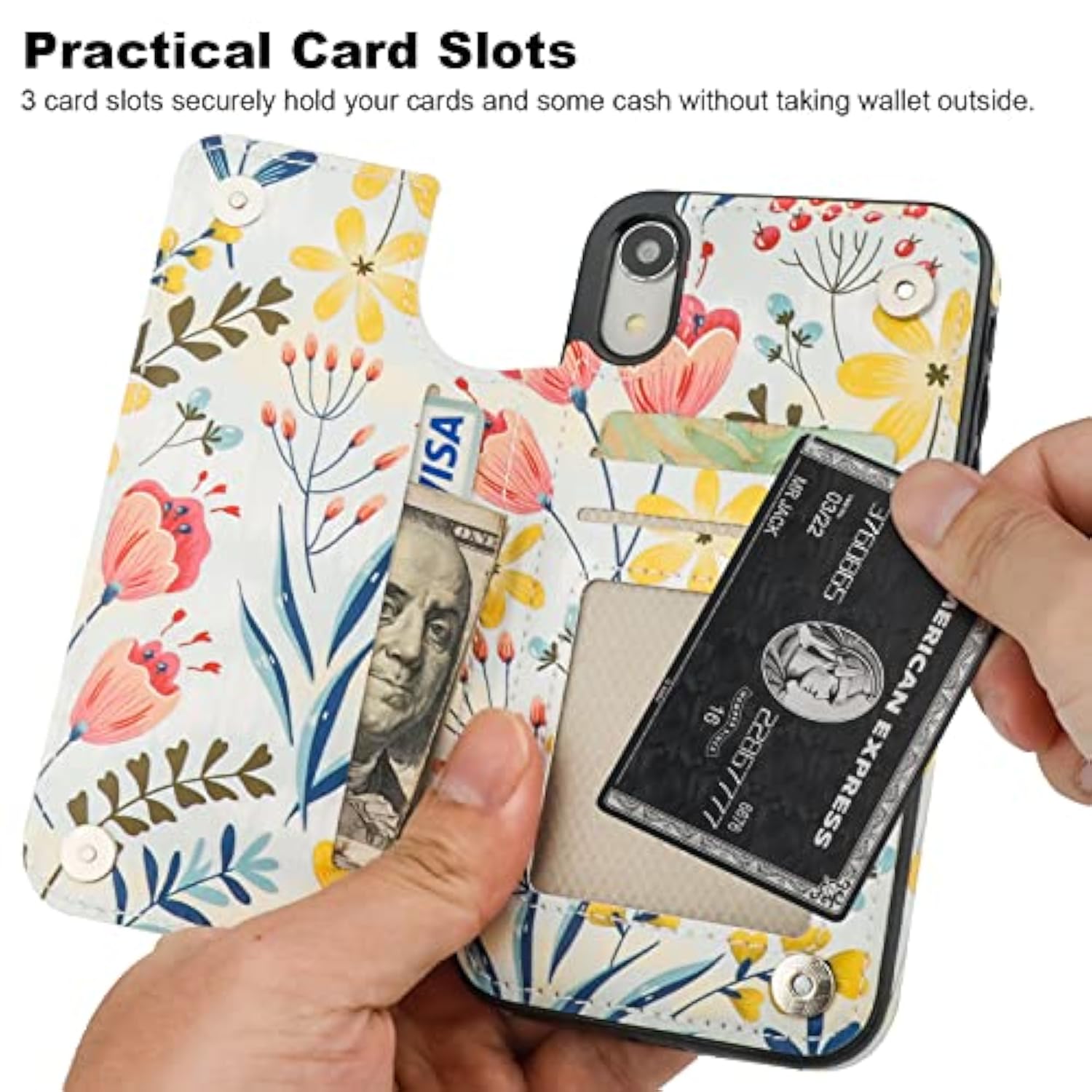 For Iphone Xr Case Wallet With Card Holder, Floral Flower Pattern Back Flip Folio Pu Leather Kickstand Card Slots Case For Women Girls, Double Magnetic Clasp Shockproof Cover 6.1"