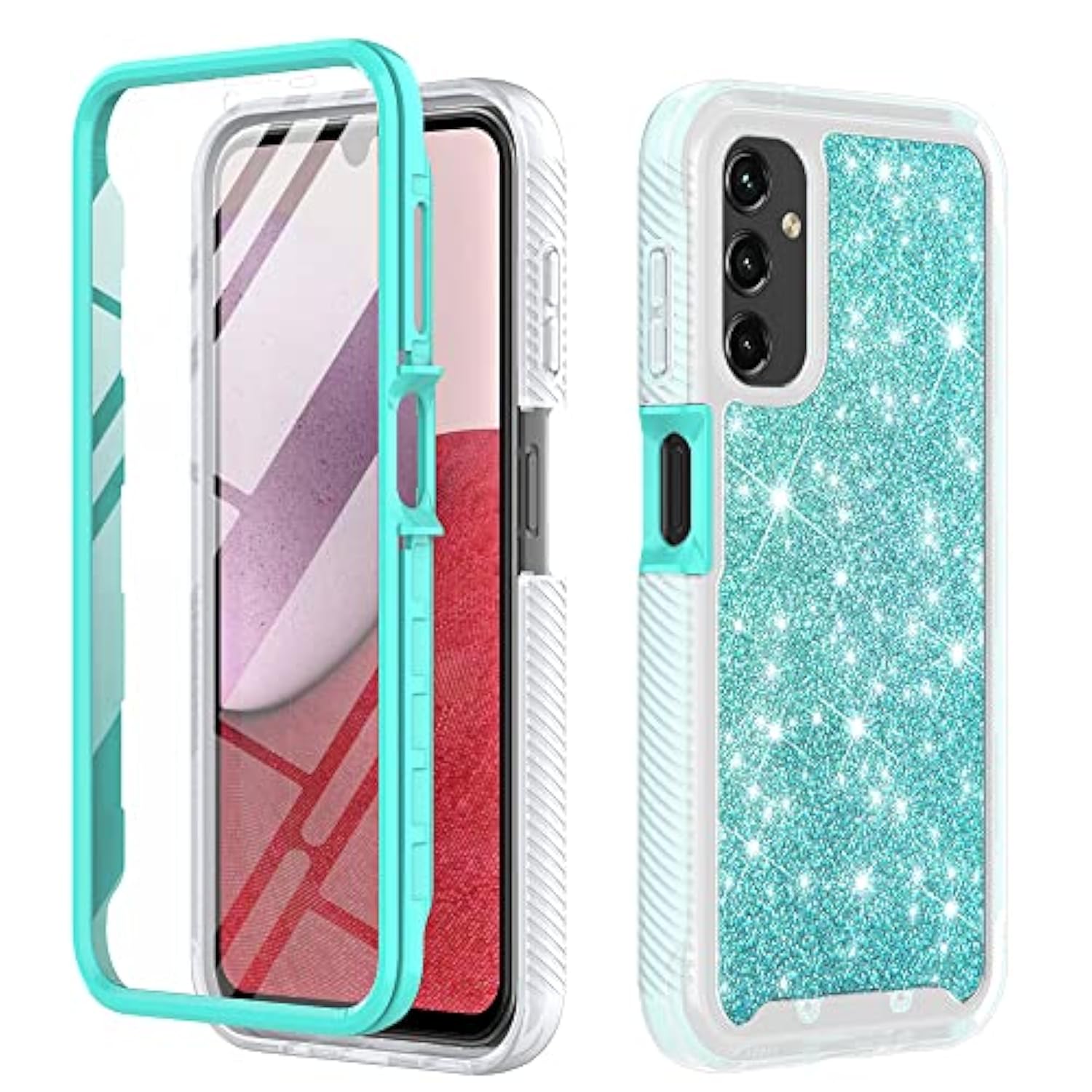 Compatible For Samsung Galaxy A14 5G Case, With [Built-In Screen Protector], Full-Body Drop Protector Cover Glitter Bling Cute Girls Women Design Hybrid Phone Case (Teal)