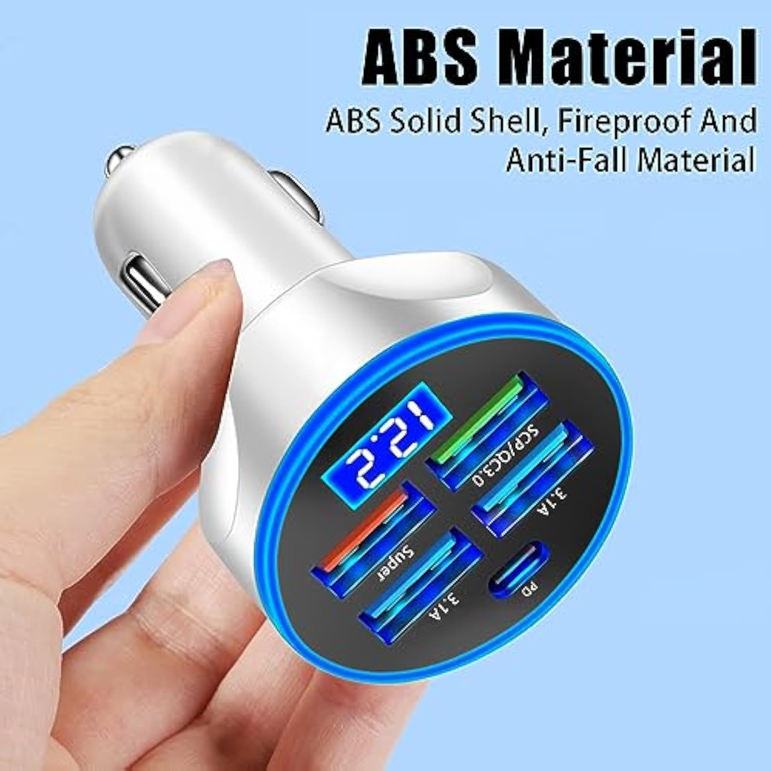 5 Port Usb Car Charger, 250W Super Fast Charging Cigarette Lighter Adapter With Led Voltage Monitor, 4Usb+Type C Multi Port Car Accessories Interior Compatible With Most Smart Phone (White)