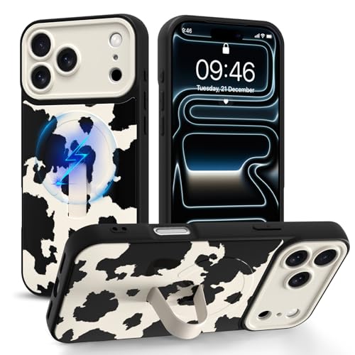 Magnetic for iPhone 17 Pro Max Case with Finger Strap Stand, Compatible with Magsafe, Trendy Funny Milk Cow Phone Case for Women Men Slim Shockproof