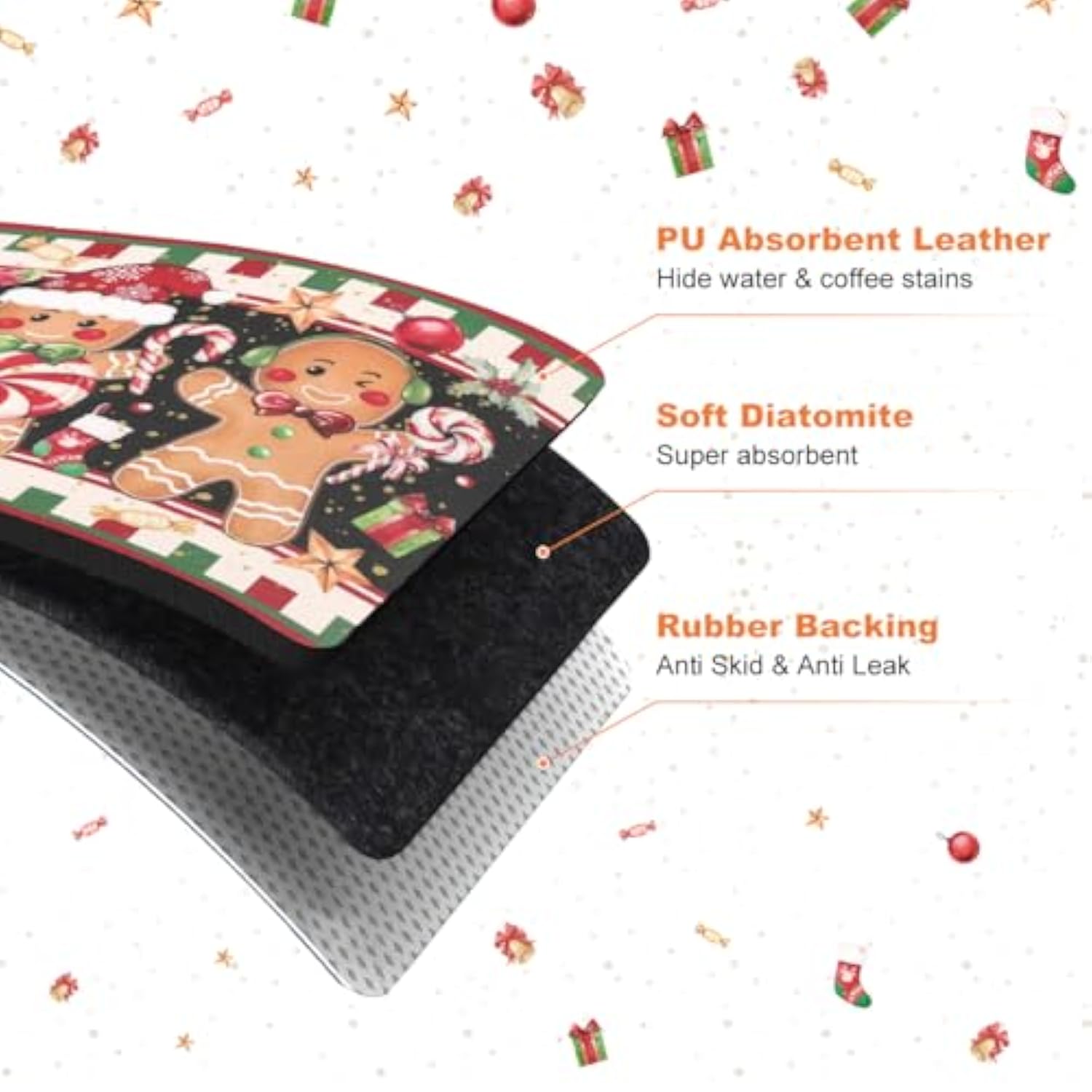 Christmas Dish Drying Mat For Kitchen Counter, 12"X20" Absorbent Gingerbread Drying Mat With Candy Cane, Christmas Holiday Dish Rack Mat For Kitchen Counter Coffee Maker Dining Room Decoration