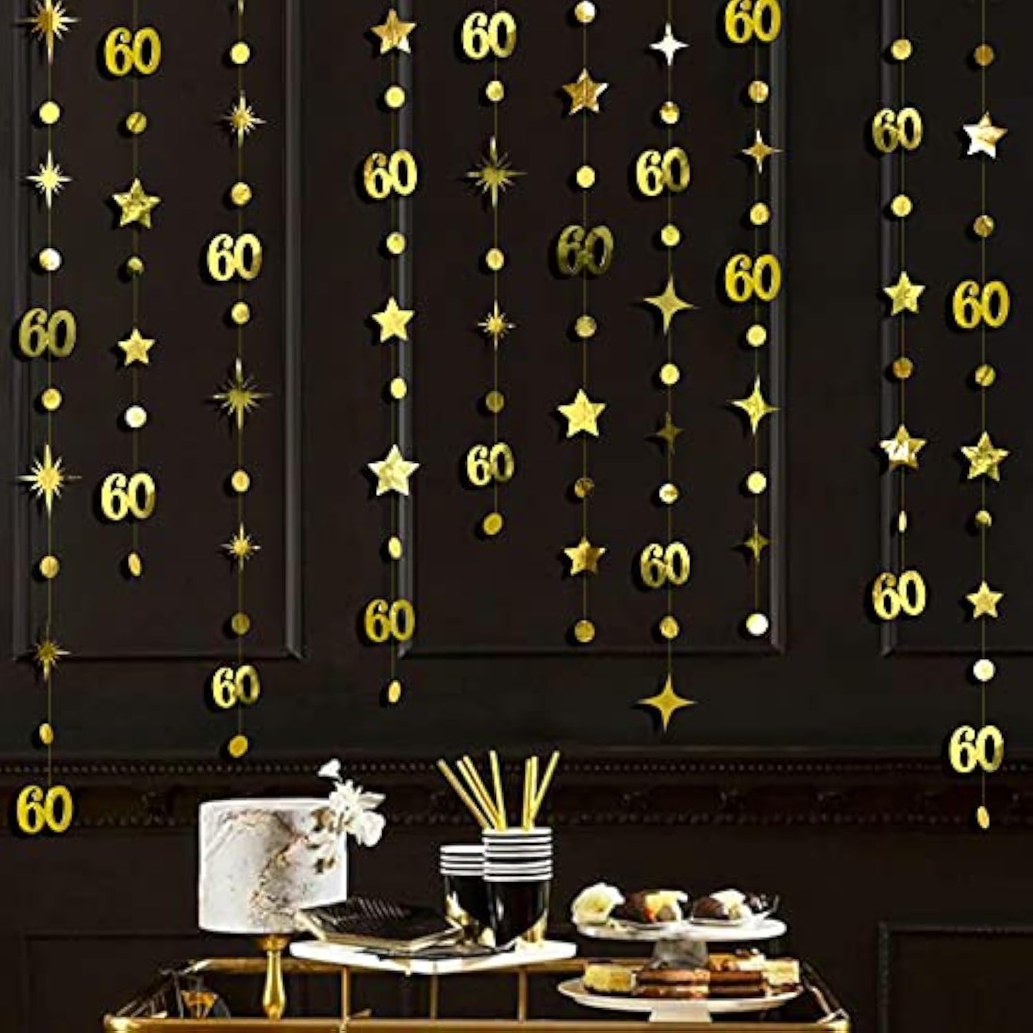 Gold 60th Birthday Garland – Metallic Stars & Dot Streamer for Anniversary Party"