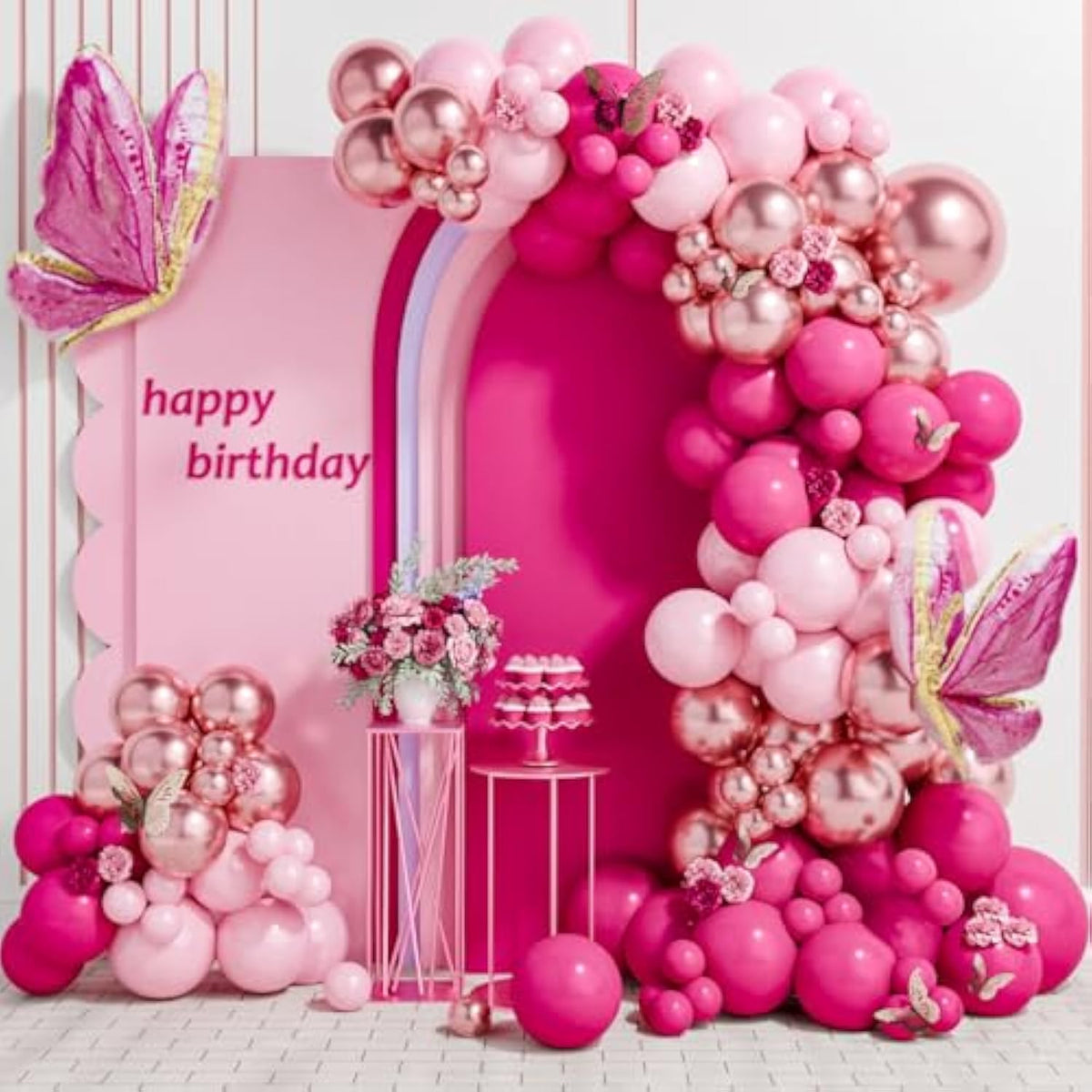 112pcs Pink Butterfly Balloon Arch Kit – Pastel & Rose Gold Balloons for Parties