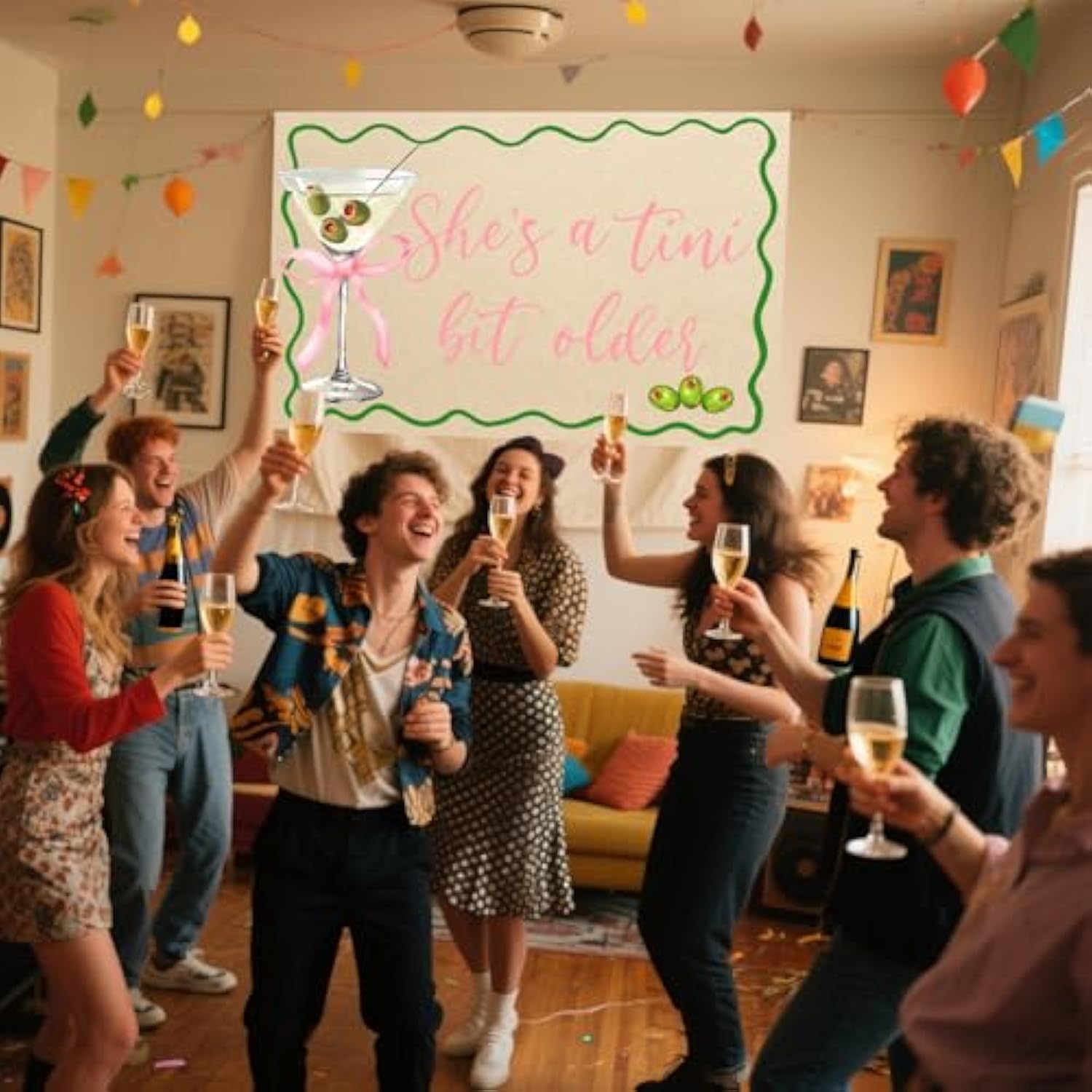 A Tini Bit Older Backdrop Green Pink Banner Espresso Martini Party Decor