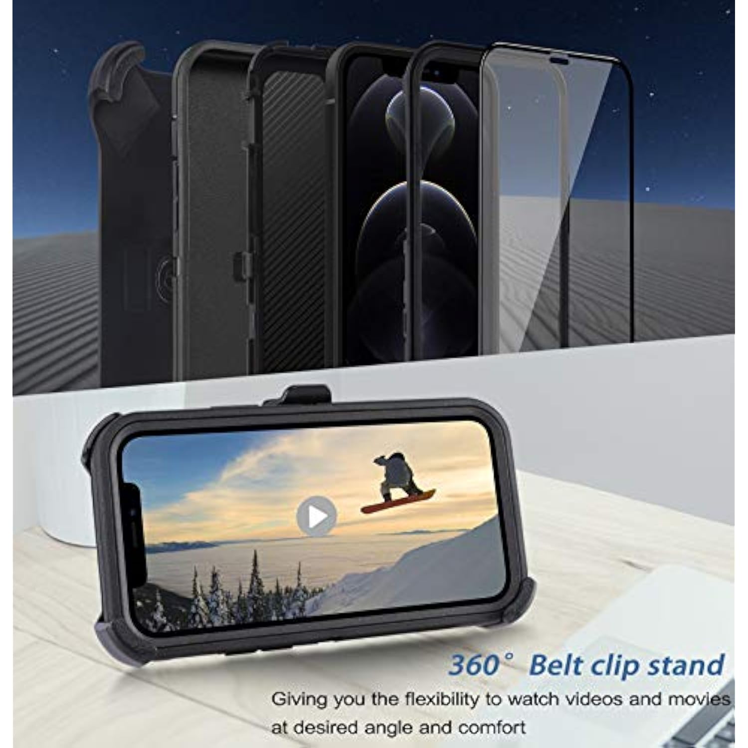 Case For Iphone 12 Pro Max Case 6.7" Belt-Clip Kickstand Holster With 2 Screen Protector,Full Body Rugged Heavy Duty Military Grade Shockproof/Drop Protection Cover (Black+Clip)