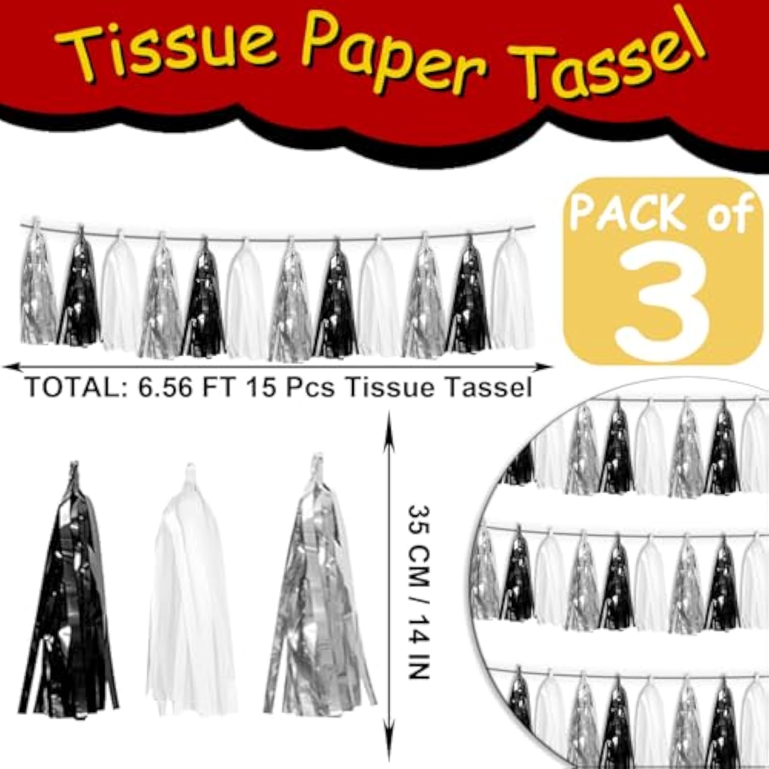3P Black Silver White Metallic Fringe Tassel Banner Garland Foil Tinsel Streamer Wall Hanging Curtain Backdrop Banner For Parade Floats, Graduation Decorations, Halloween, Christmas Decorations