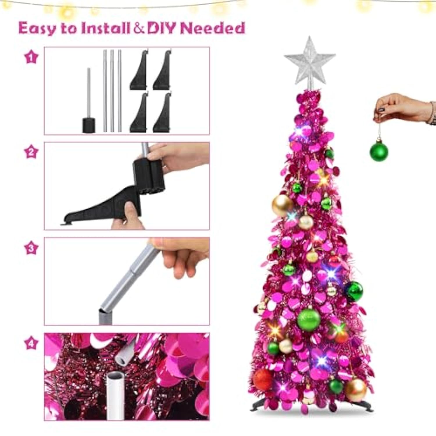 Pop Up Christmas Tree With Lights, Collapsible Tinsel Xmas Tree Decorations, Pencil Christmas Tree Skinny Tree For Holiday Xmas Home Office Decor, 25 Balls, 3Ft, Fuchsia