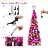 Pop Up Christmas Tree With Lights, Collapsible Tinsel Xmas Tree Decorations, Pencil Christmas Tree Skinny Tree For Holiday Xmas Home Office Decor, 25 Balls, 3Ft, Fuchsia