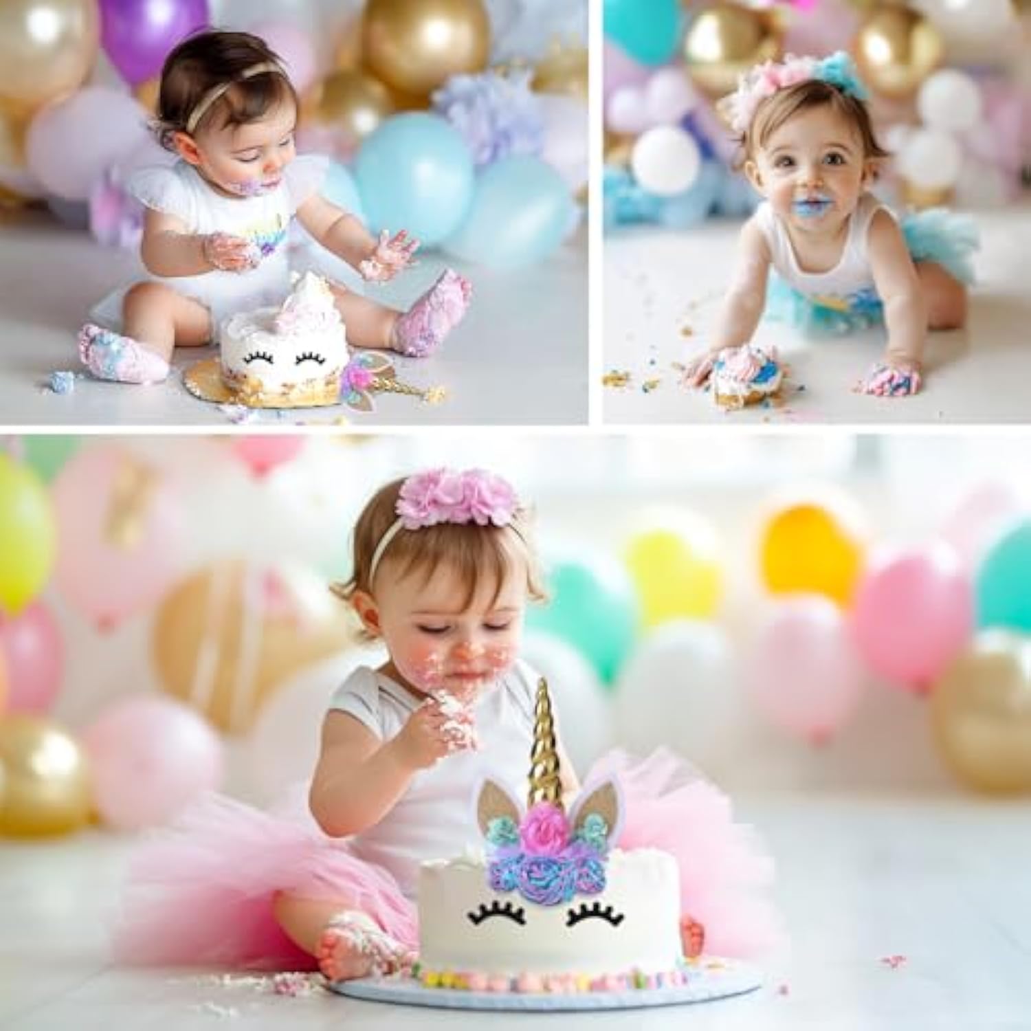 Unicorn Cake Topper,Handmade Party Cake Decoration Supplies With Multiple Eyelashes,Reuasble Gold Horn For Birthday Party,Baby Shower&Wedding…