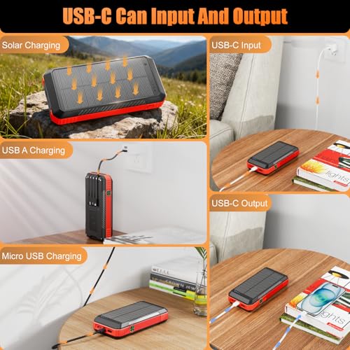 Solar Power Bank 33800mAh with Super Bright LED Flashlight, Built-in 4 Cables & Wireless Charging, Portable Charger with Compass, 7 Outputs & 4