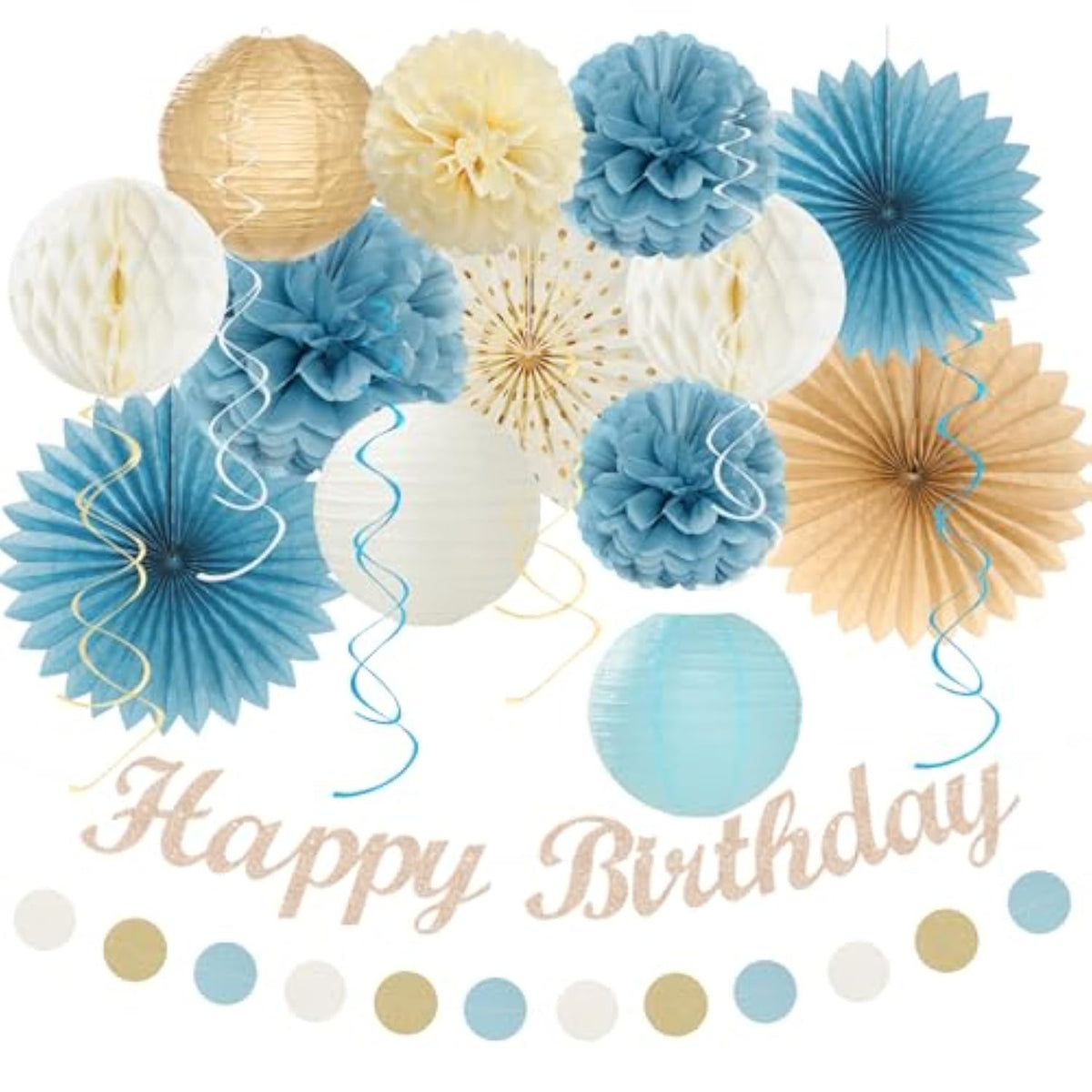 21-Pc Light Blue & Champagne Boho Birthday Decorations Banner, Pom Poms & More