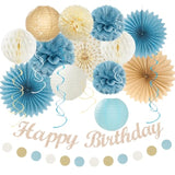 21-Pc Light Blue & Champagne Boho Birthday Decorations Banner, Pom Poms & More