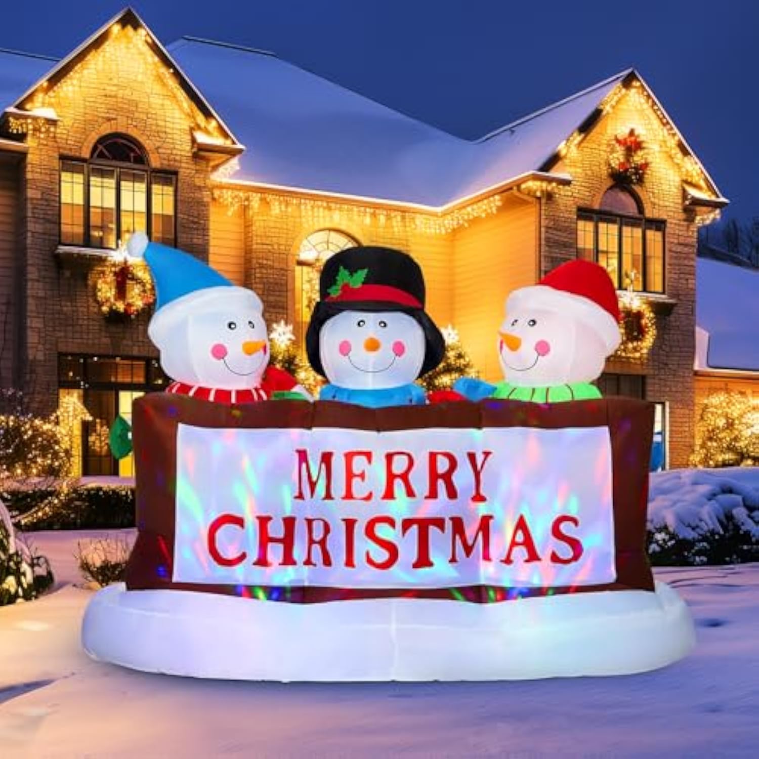 7Ft Christmas Inflatable Snowman Yard Decoration With Led Lights - Merry Christmas Sign Trio, Outdoor Xmas Blow Up Decor