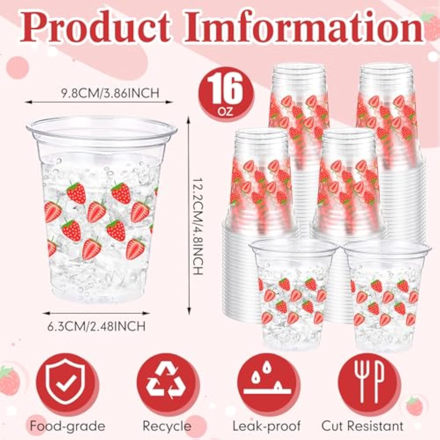 100 Pack Strawberry Plastic Cups 16 Oz Red Strawberry Disposable Clear Fruit Cups For Birthday Baby Shower Summer Party Supplies Favors