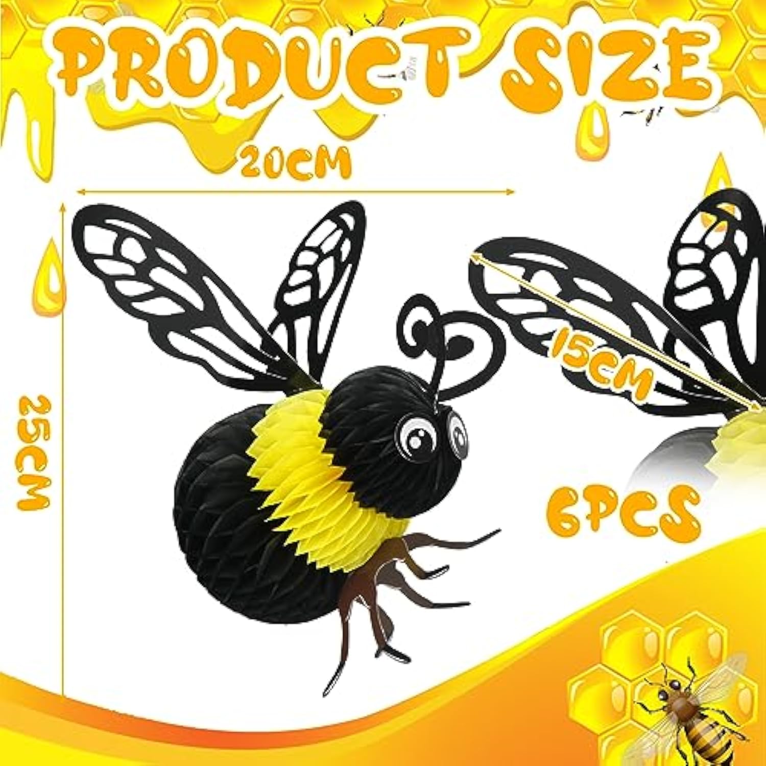 6 Pcs Bee Party Decorations 8'' Tissue Bee Honeycomb Hanging Decor For Baby Shower Gender Reveal Birthday Table Centerpieces Honey Hive Decoration, 8'' X 10''