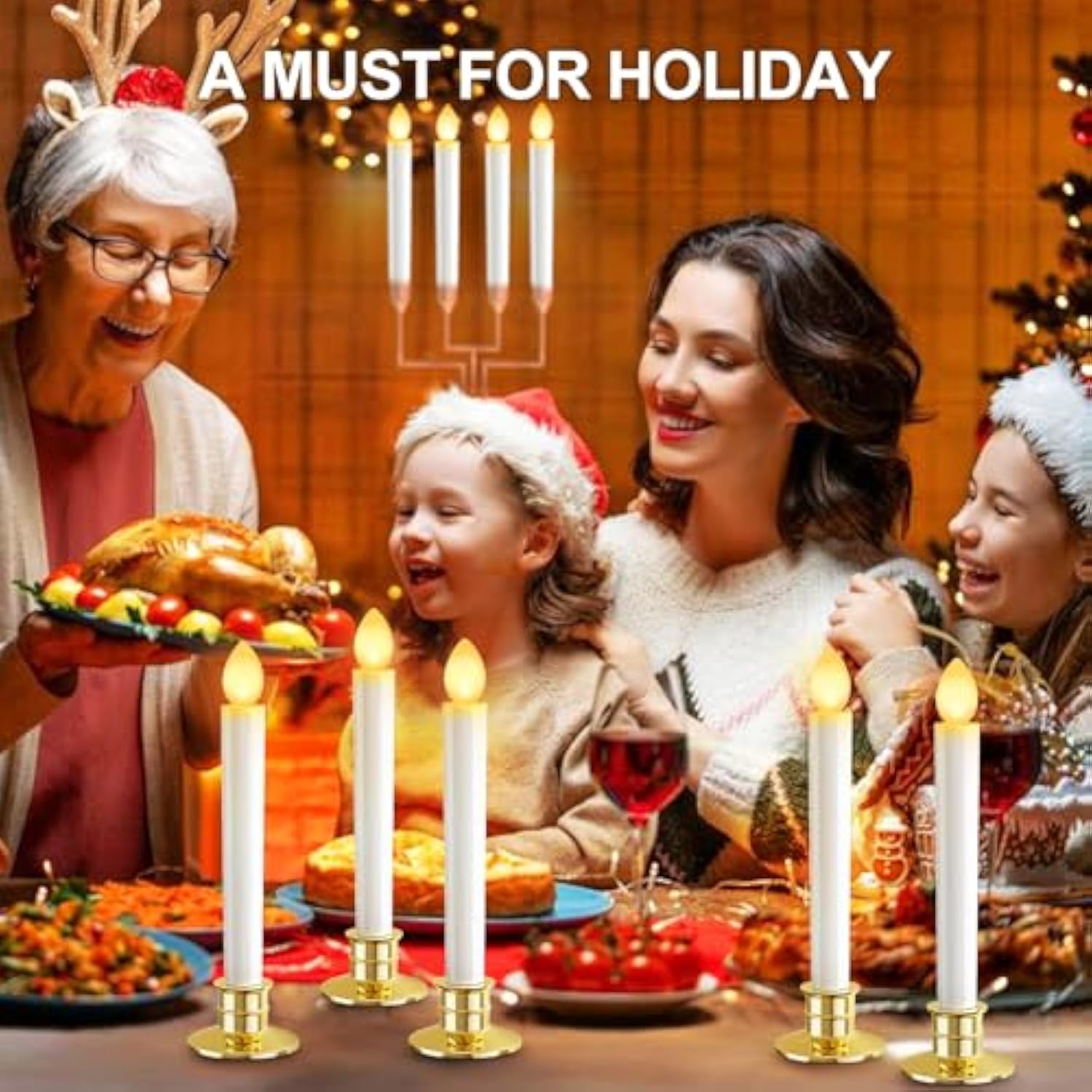 Christmas Window Candles Lights: 10 Pack Flameless Candles Battery Operated Candles With Remote Control Timer Christmas Decorations Taper Led Candle Gold Holders For Window Decor Party Table Top