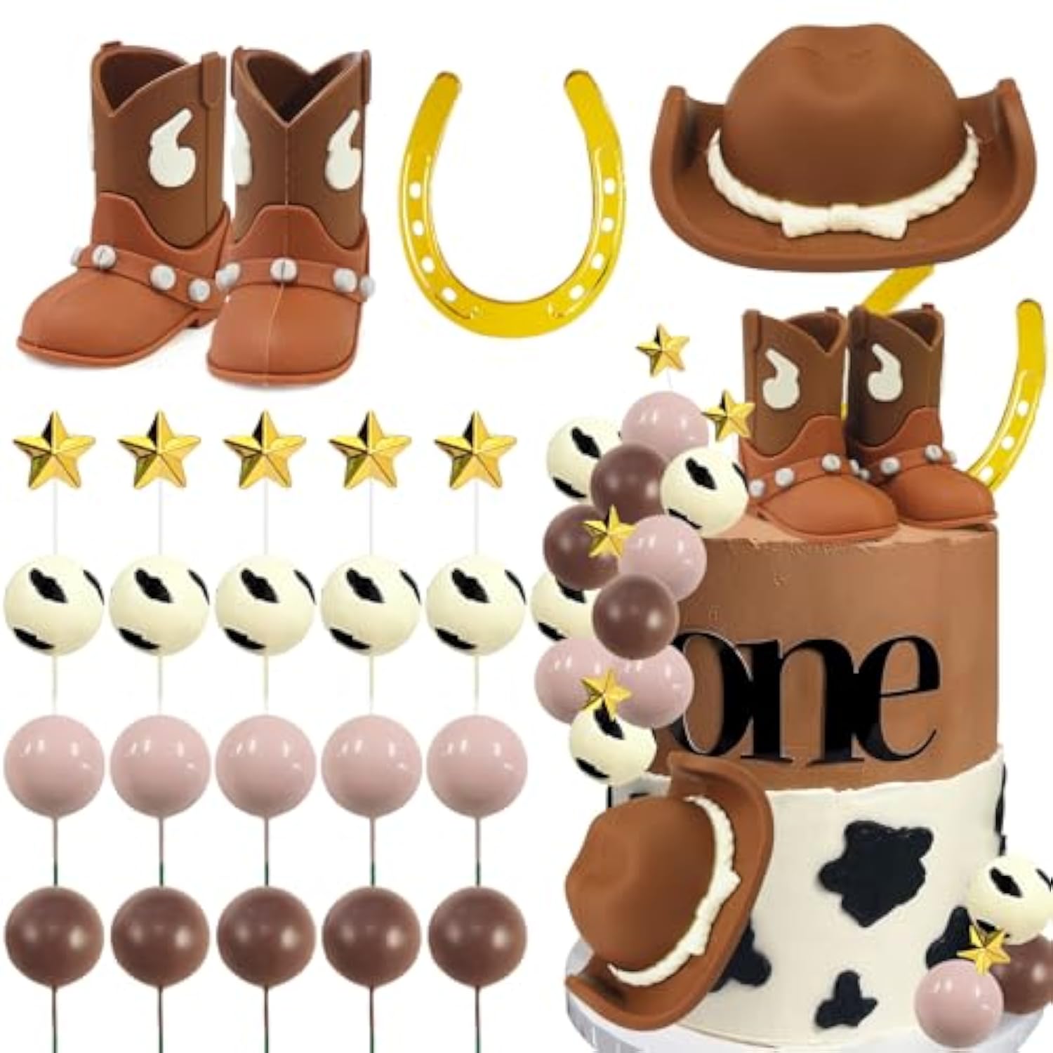 24Pcs Cowboy Rodeo Cake Topper Cowboy Western Cake Decorations Cowboy Hat And Boot Cake Cupcake Toppers With Balls And Horseshoe Decorations For Baby Shower First Rodeo Birthday Vaquero Party