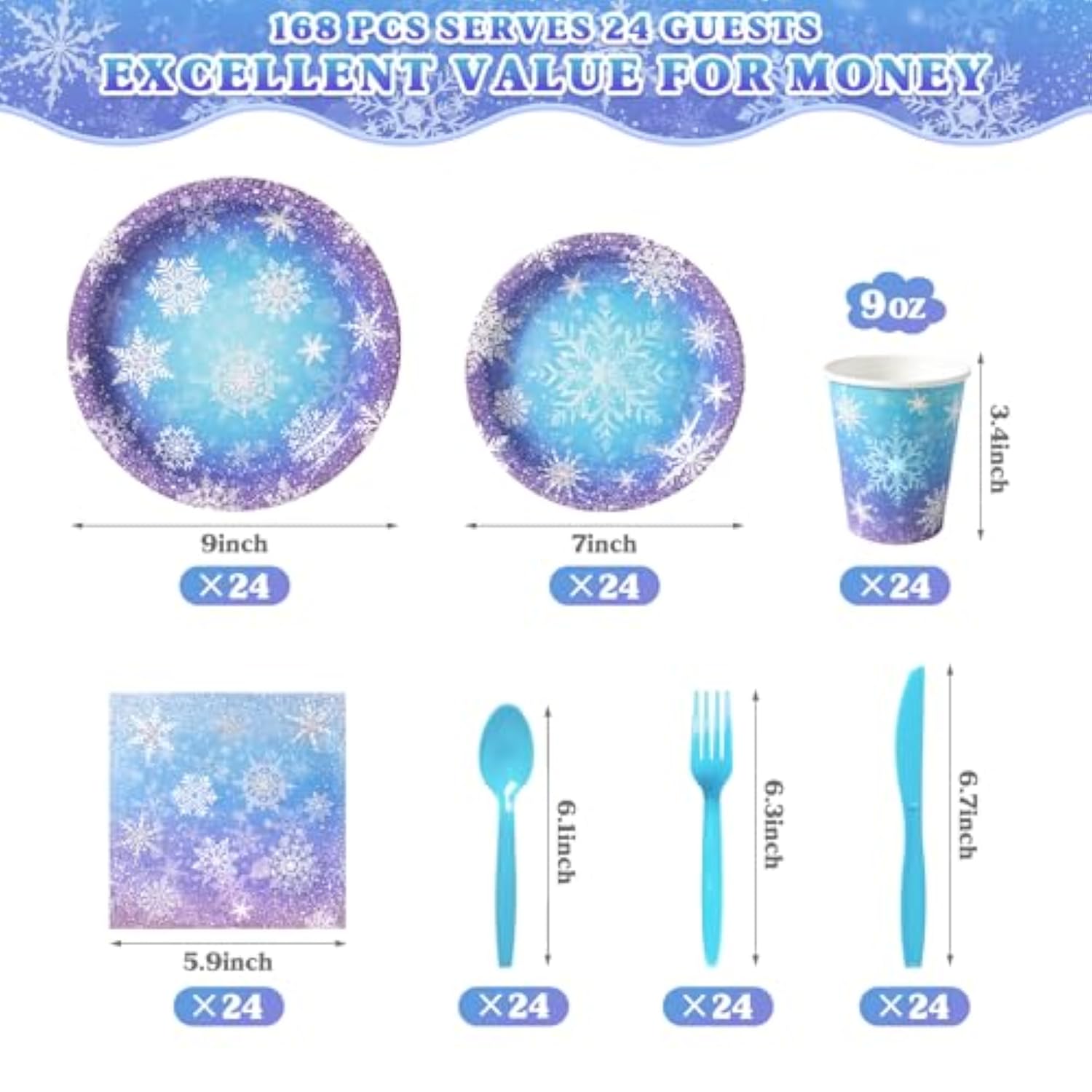 Frozen Birthday Party Decorations - Serve 24, Snowflake Party Supplies, Winter Wonderland Disposable Tableware Include Plates, Napkins, Cups, Forks, Knives, Spoons For Christmas