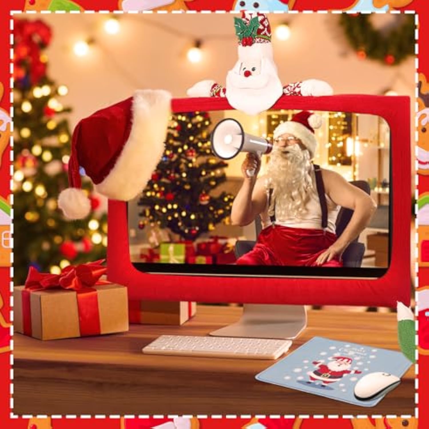 4 Pcs Christmas Computer Monitor Cover And Christmas Mouse Pad Set, Xmas Computer Monitor Decoration Border Cover With Gaming Mouse Pads For Home Office Desk Gifts Supplies