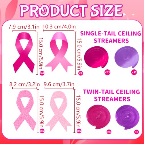 56Pcs Breast Cancer Awareness Decorations Glitter Pink Ribbon Hanging Swirl