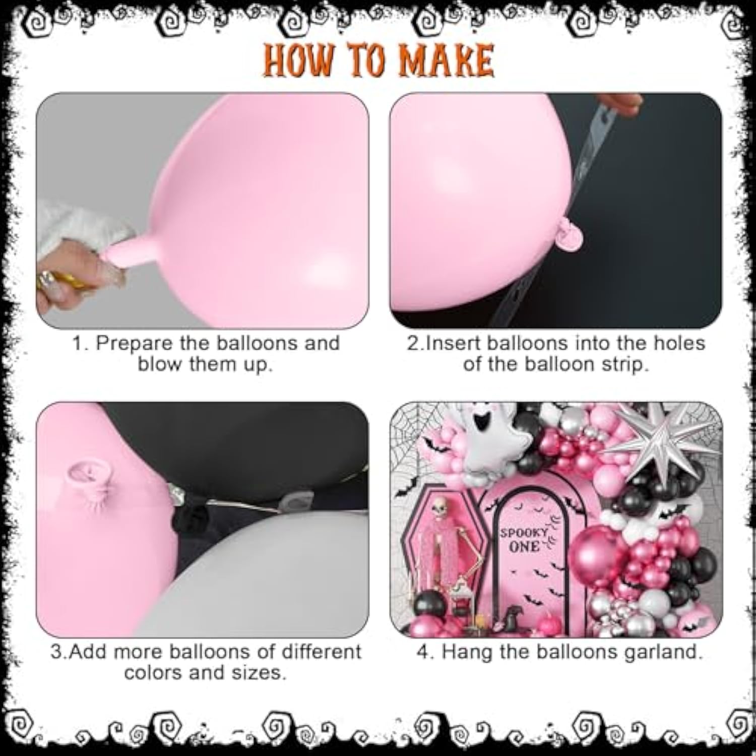 131Pcs Halloween Balloon Arch Kit - Pink, Black, Silver with Ghost, Star & 3D Bat Decor