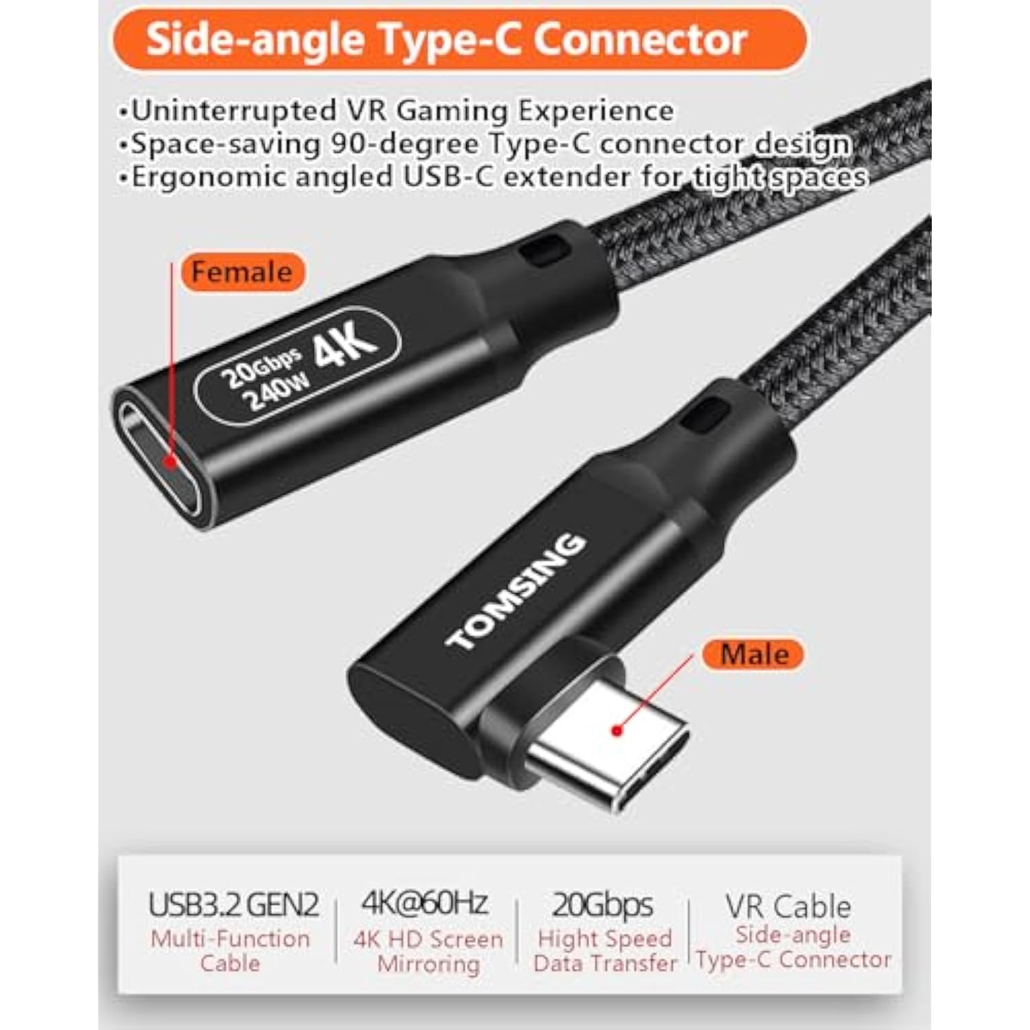Right Angle Usb C Extension Cable?240W/20Gbps/4K@60Hz?,6.6Ft,Type-C Male To Female,Extension Charging & Sync For Playstation, Xbox, Flash Drive, Printer, Camera And More?Black?