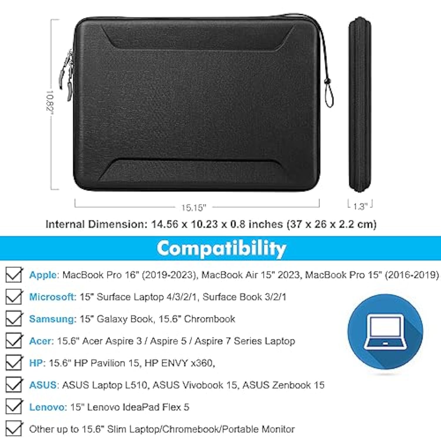 Fintie Sleeve Case for MacBook Pro 16, MacBook Air/Pro 15, 15" Surface Laptop - Shockproof EVA Carrying Bag for Up to 15.6" HP Lenovo Dell Acer Samsung Slim Laptop, Black