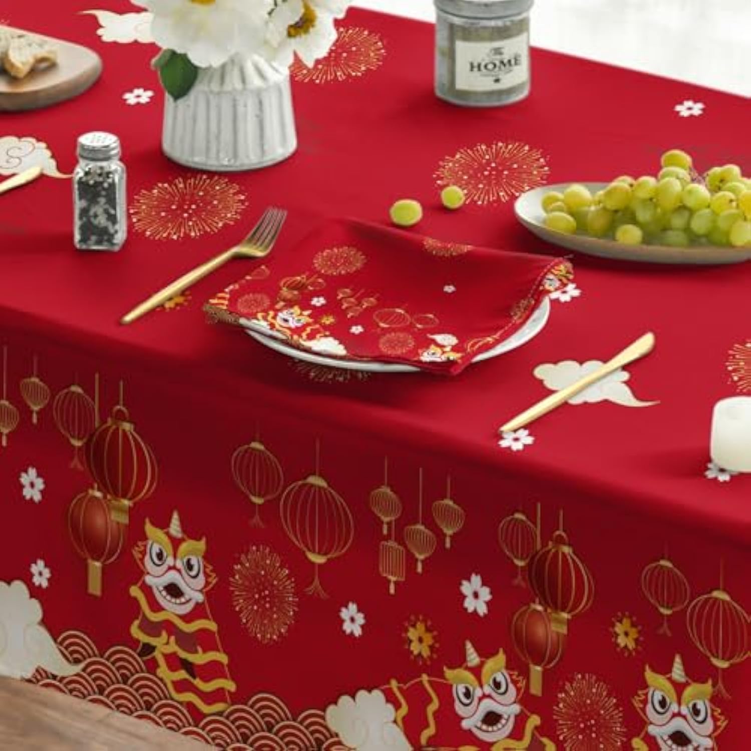 New Year Tablecloth 60x84in Red Lion Dance Lantern Washable Party Cover