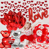 Valentines Balloons Kit, Red Love Balloons and Love-Bear Red Heart Balloons with 1000 Pcs Red Silk Rose Petals for Valentines Day Balloons Decorations Anniversary Decorations Romantic