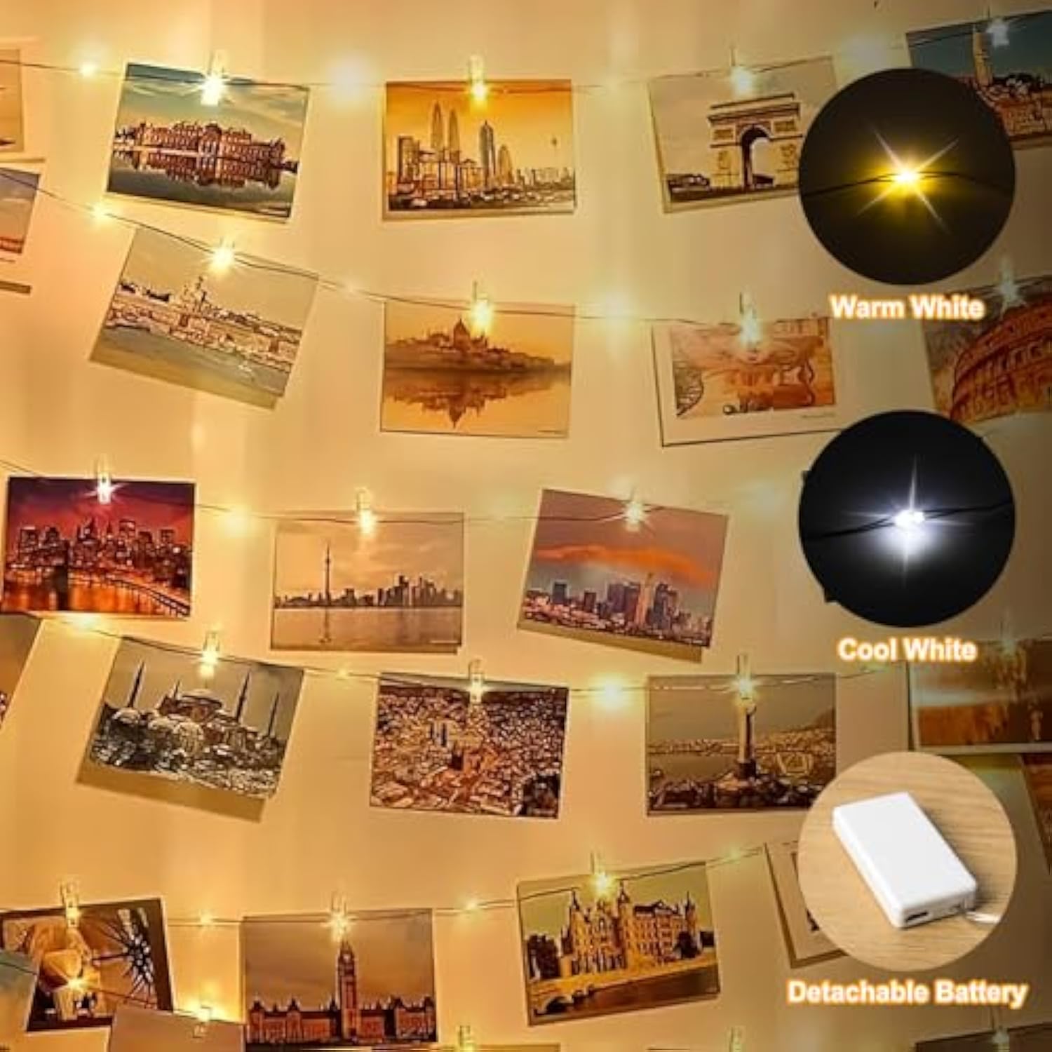 17Ft 100Leds Rechargeable Photo Clips String Light,Remote Control,3 Off Timer,Tangle-Free,Detachable Battery Operated Fa