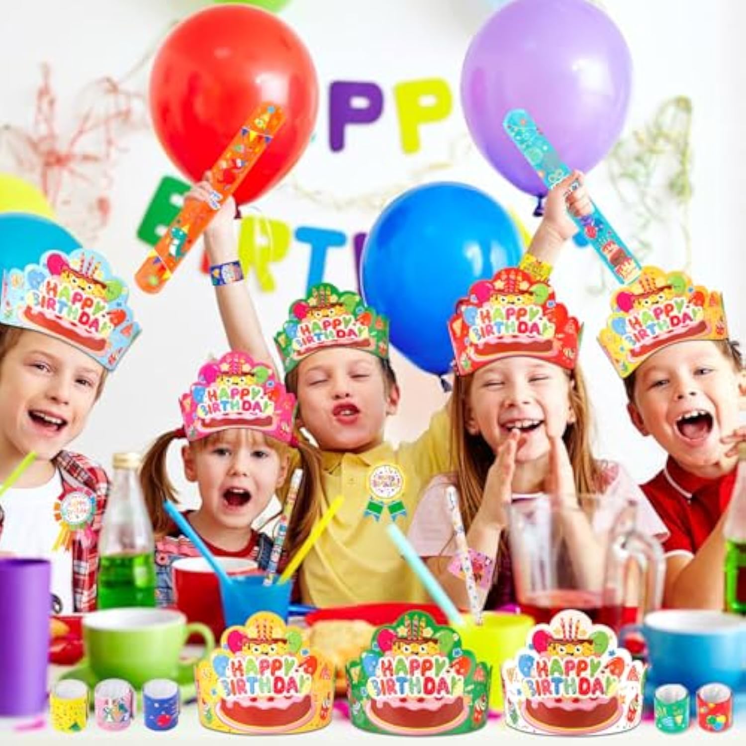 144 Pcs Birthday Crowns For Kids Classroom Include 36 Colorful Birthday Paper Hats With Elastic Band 36 Badge Stickers 36 Slap Bracelets And 36 Pencils For Classroom School Party Supplies