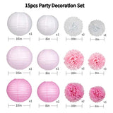 15Pcs Party Pack – Pink/White Paper Lanterns & Pom Pom Balls for Wedding, Birthday
