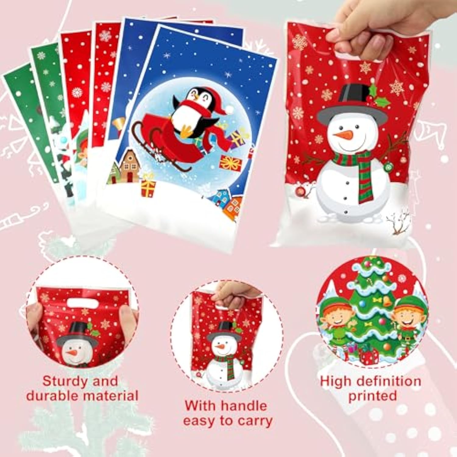 120 Pcs Christmas Plastic Gift Bags 6 Styles Christmas Goodie Bag With Handle Santa Claus Snowman Elf Treat Candy Bags Bulk Reindeer Penguin Party Favor Bag For Xmas Holiday Party Supplies